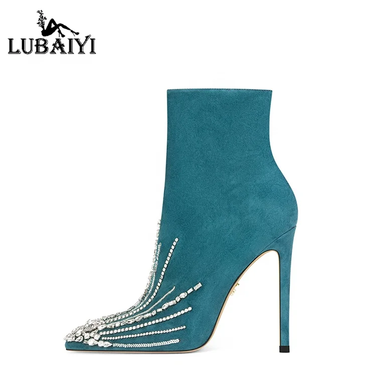 

Fashion Suede Leather Dress Sexy Women Booties Pointed Toe Stiletto Rhinestone Ankle Boots Zipper Lady Boots