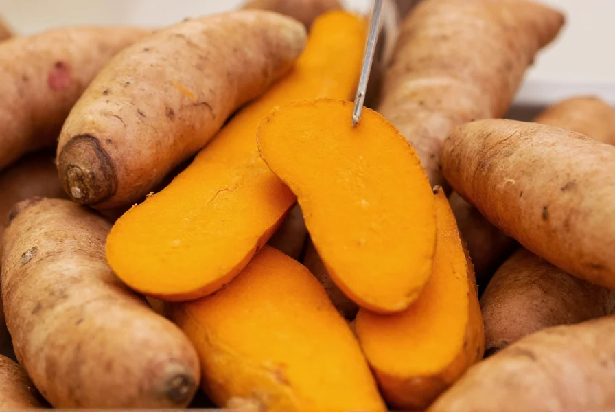 Close-up photograph of fresh turmeric root showing brown exterior and vibrant orange interior with knife cutting through it