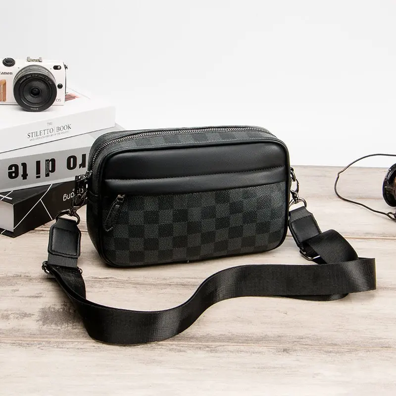 

Black Friday Fashion Plaid new arrival Men's Leather Shoulder Small Square Bag Casual Waterproof Cross body Bag for men