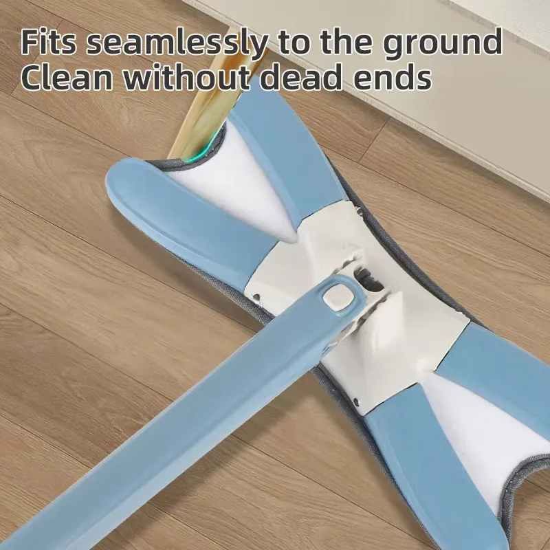 The mop head laid flat and pressed against the floor edge to clean up to the skirting without a dead end