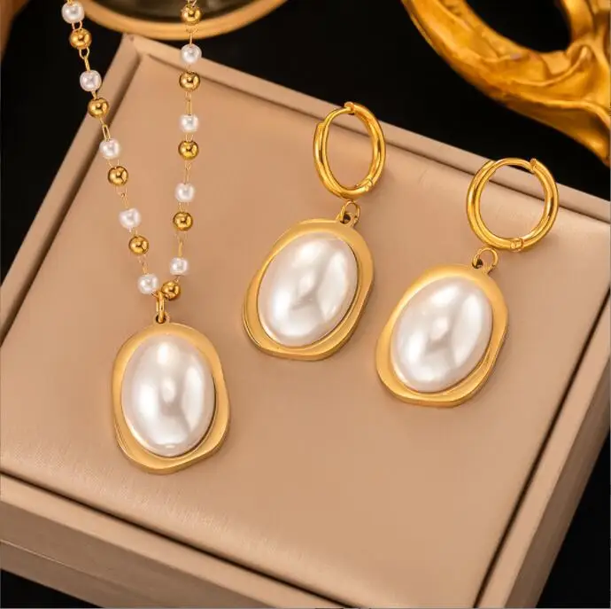

2023 Hot sale Stainless Steel big Pearl Pendant earring Necklace For Women New Luxury gold bead Chains Choker Jewelry set Gifts