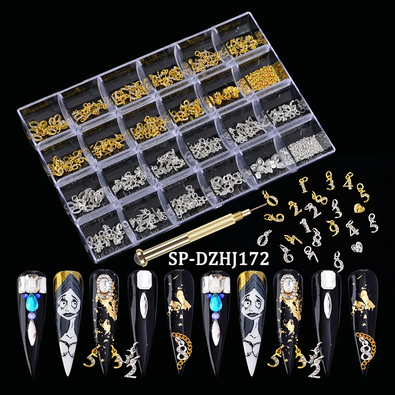

3D Metal Gold Silver Number Caviar Beads Dangle Nail Art Piercing Charms Jewelry, 4 style