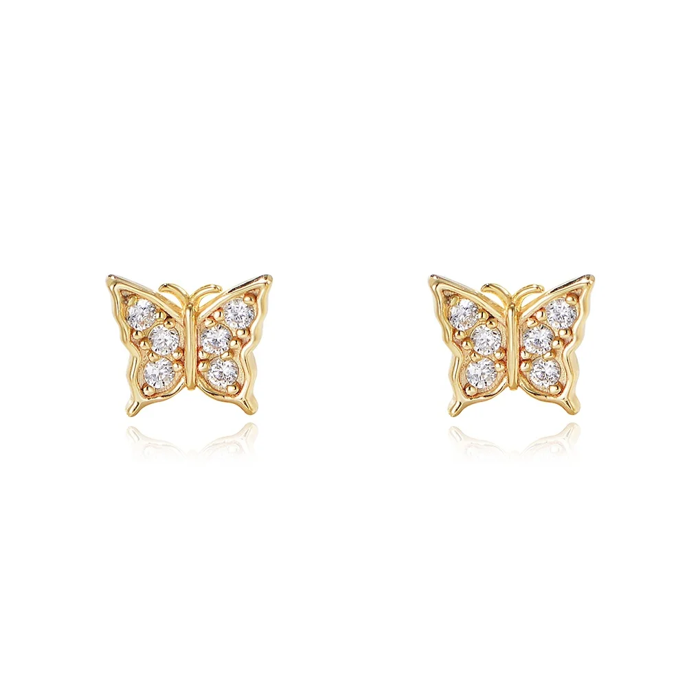 

western popular butterfly jewelry psj S 925 Sterling silver 14k gold plated bling CZ Cubic Zirconia Stud Earrings