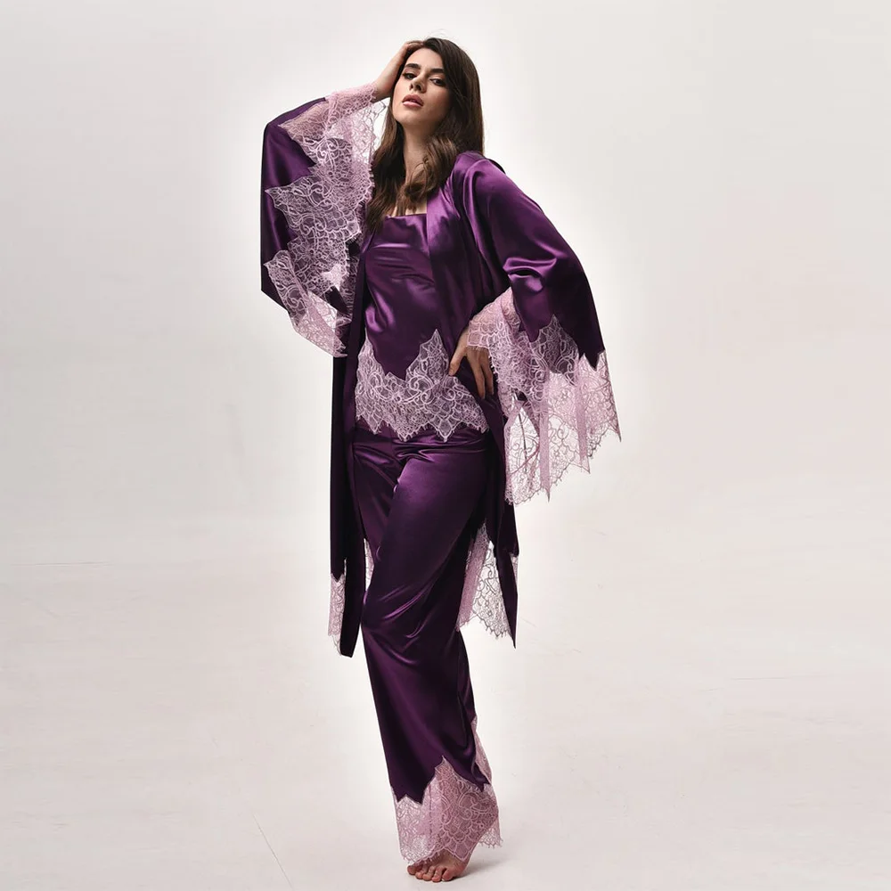 

Beta plus size women's sleepwear S/M/L bridal robe silk bathrobe set pajamas wholesale 3-piece set satin lace pajama, Customized color
