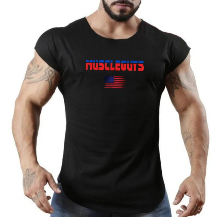 

New men summer Muscular man elastic force Breathable GYM clothes printing Letter pattern Cotton Fitness Short sleeve Tees, Colors