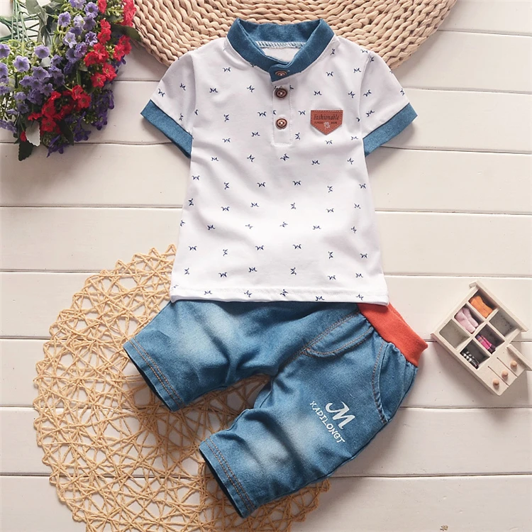 

1-4 Years Boy Clothes Sets T shirt with Jean Shorts 2 Piece Summer Outfits Baby Clothing Sets Wholesale, Blue, green, yellow