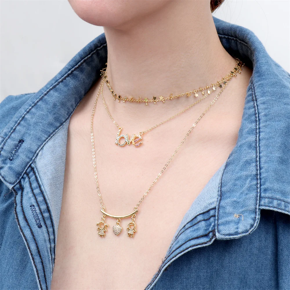 

European Fashion Star Tassel Choker Necklace Zircon Boys Girls Heart Rhinestone love Letter Pendant Necklace for Women