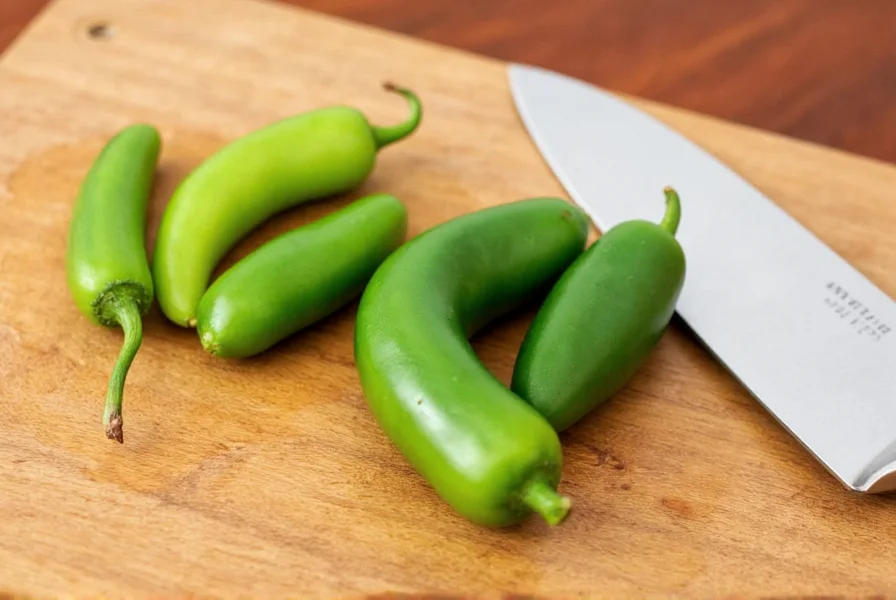 Side-by-side comparison of fresh Fresno peppers and jalapeños on wooden cutting board with knife