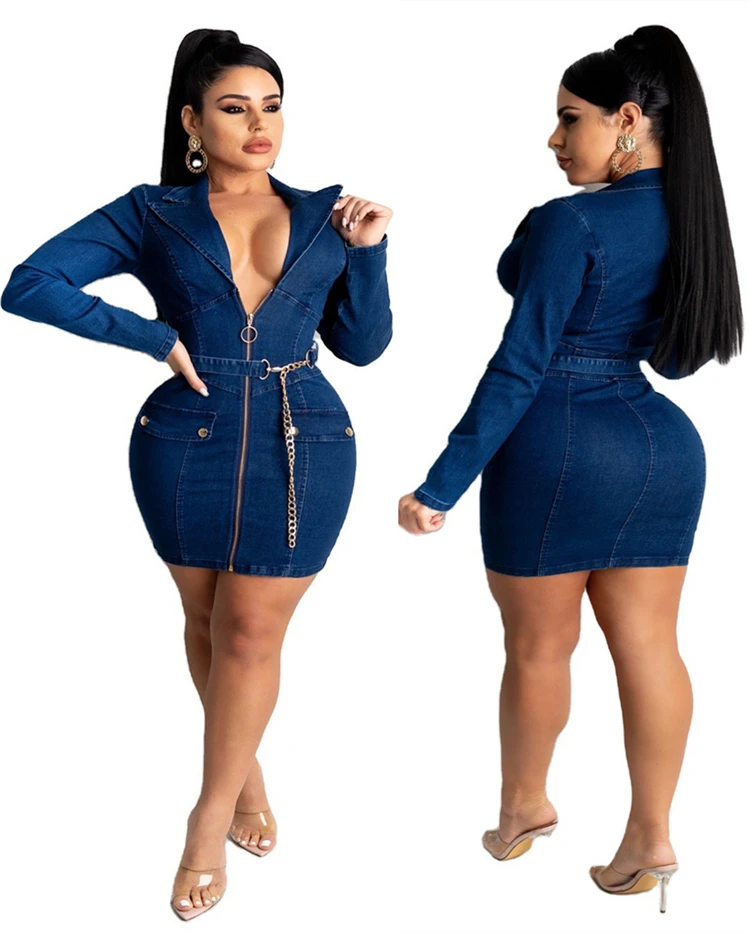 

D96519 New womens clothes 2021 fashion dresses women sexy V-neck slimming zipper dress with belt casual dresses