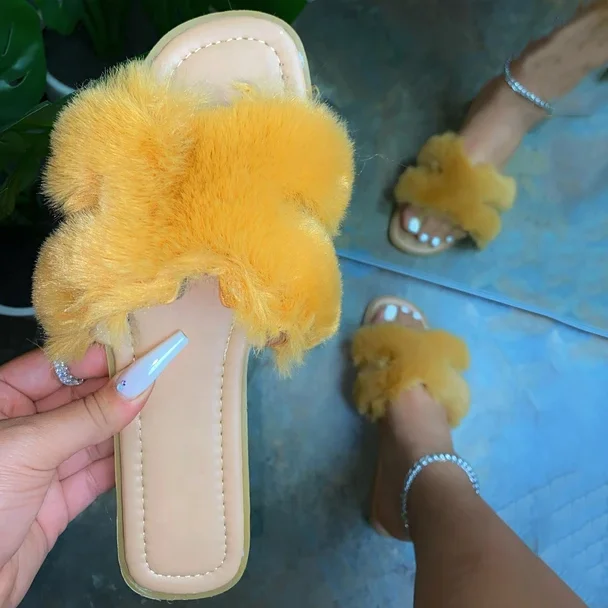 

Cross Band Fluffy Fur Square Toe Female Outside Slides Thick Sole Summer Women Slippers Women's Shoes Big Size 43, Yellow,pink,blue