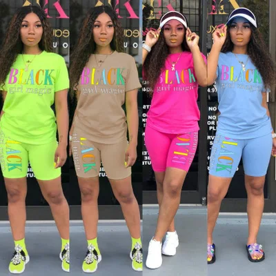 

FELISDA In Stock Summer Plus Size Two Piece Set Women Clothing Letters Printed Multicolor Running Sports Women's Sets