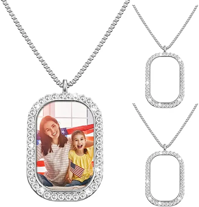 

HOCAYU Rhinestone Sublimation Necklace Blanks Custom Photo Metal Jewelry Pendant Base With Clasp Chains, Gold,silver