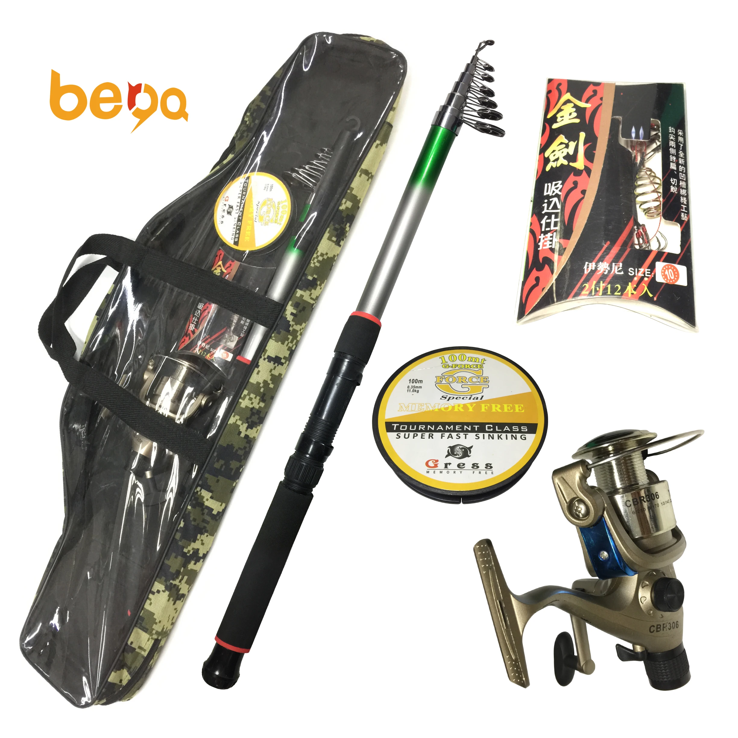 

New Packing Spinning Telescopic Fishing Rod and reel Combo Kit Set with Fishing line and hooks fishing combo bag package, Black/white/red/yellow/orange, customizable