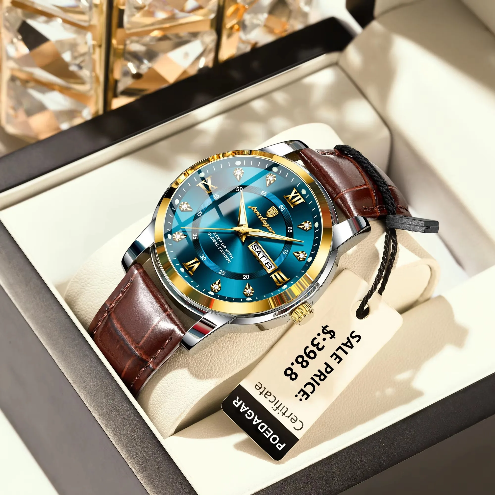 POEDAGAR Luxury Man Wristwatch Waterproof Luminous Date Week Leather Watch for Men Sports Quartz Men's Watches Male Clock 936