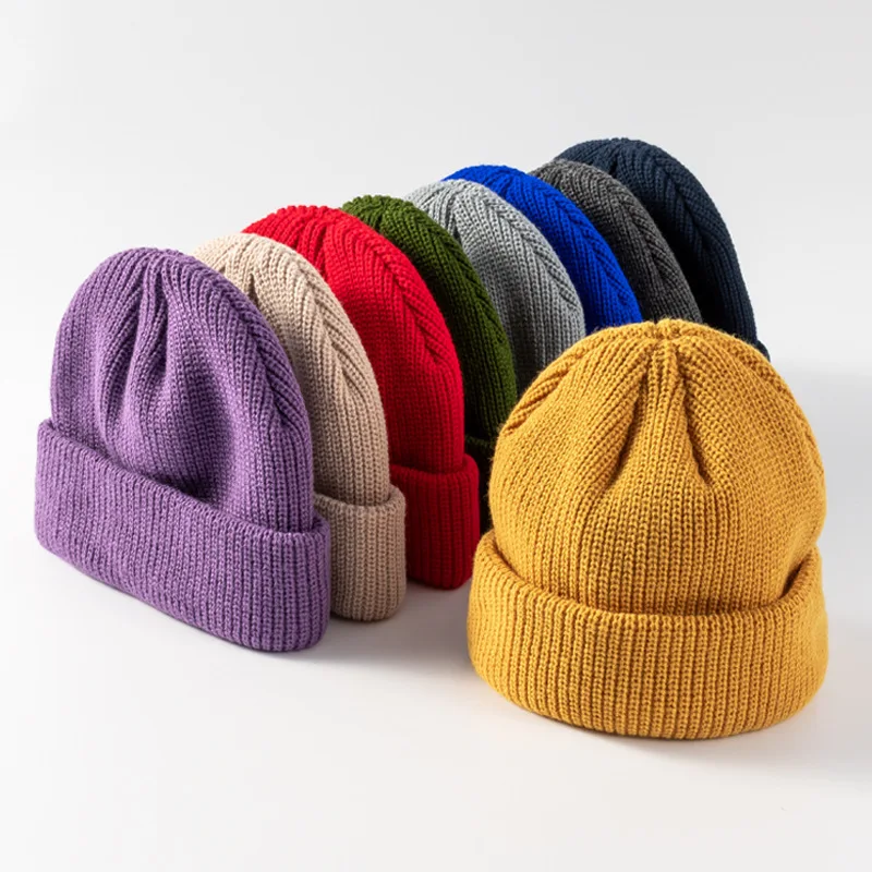 Wholesale Wool Acrylic Curled Winter Warm Knit Plain Skull Fisherman Beanie Hat Cap For Men Women