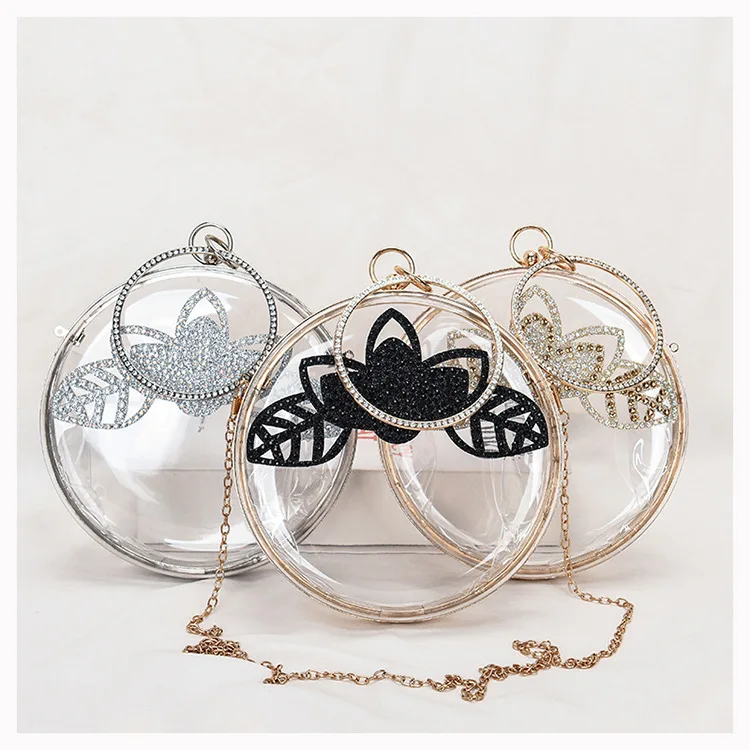 

2021 Custom Fashion Glitter Evening Bag Sequined Crossbody Transparent Acrylic Round Clutch Purse Bag