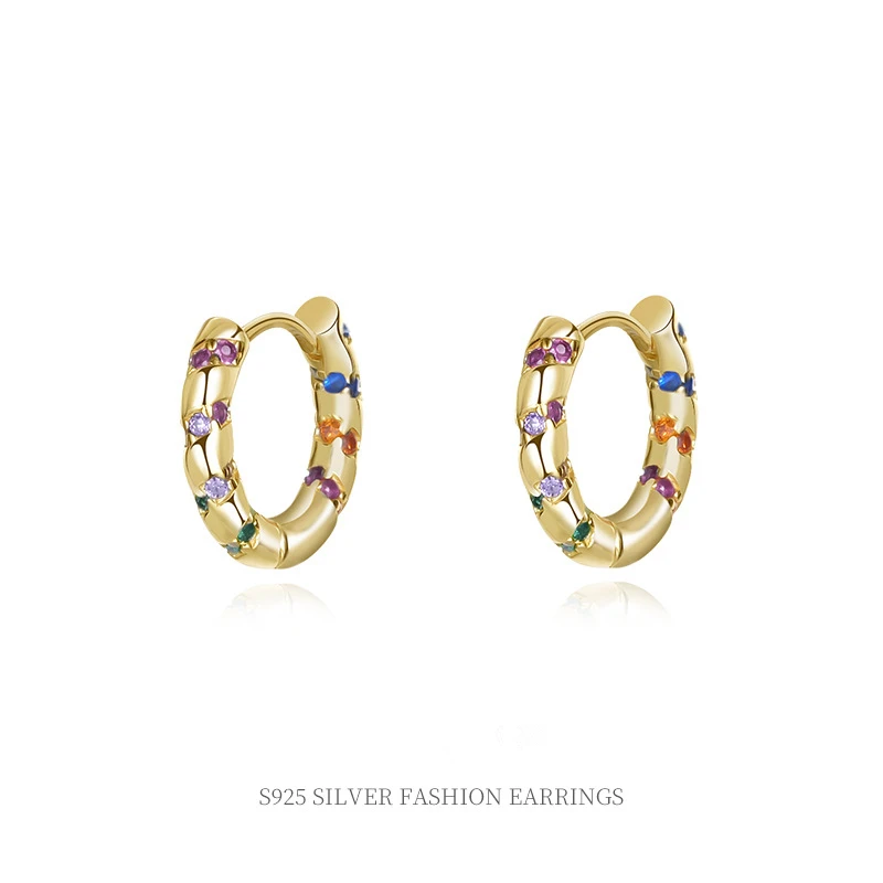 925 silver earrings jewelry women sterling silver rainbow colorful zircon hoop earrings luxury gold plated earrings for women