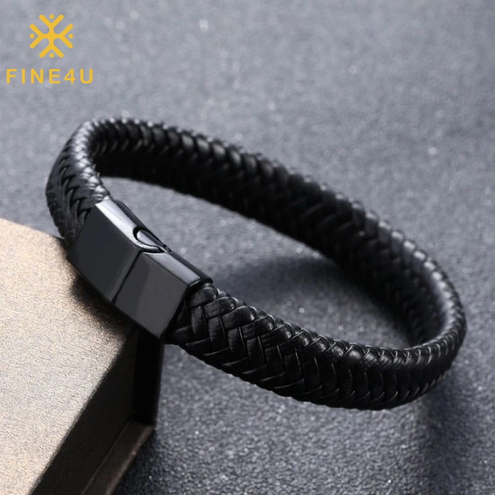 Wholesale Luxury Men's Jewelry Vintage Braided Magnetic Clasp Black Snap Leather Bracelet Man