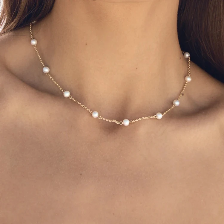 

Handpicked Round pearl choker necklace 18K gold plated stainless steel chain natural fresh water pearls handmade short necklace, Optional as picture,or customized