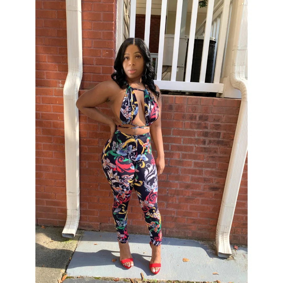 

H6662 - Sexy Bodycon Sleeveless Printed Backless Two Piece Set Women Clothing