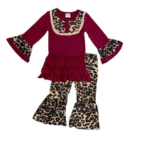 

Fall Kids Clothing Burgundy Ruffle Top With Leopard Bell Bottom Pants Sets Baby Girls Cheetah Outfits