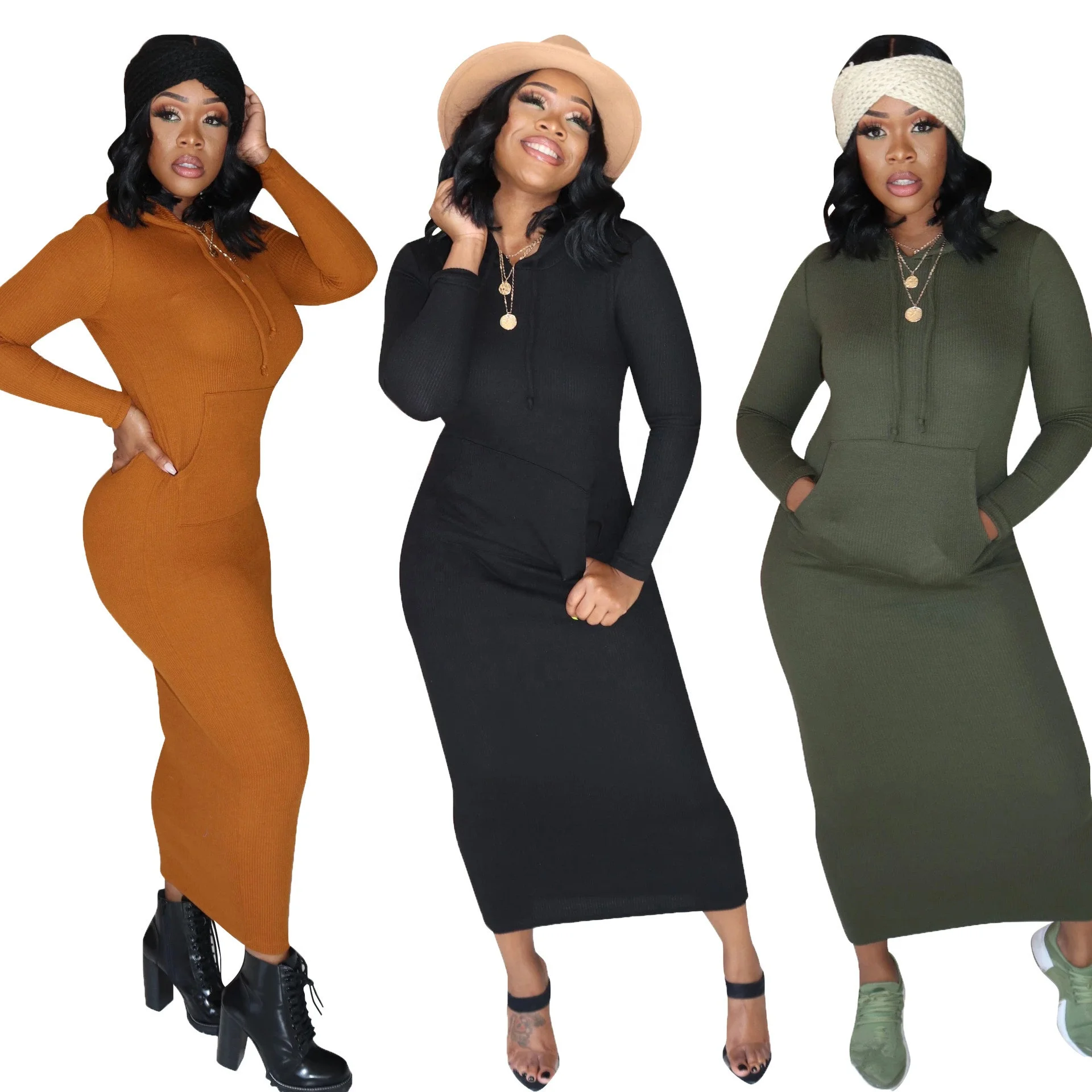 

B51950A European women fashion pure color casual autumn warm slim dress, Orange/black/green