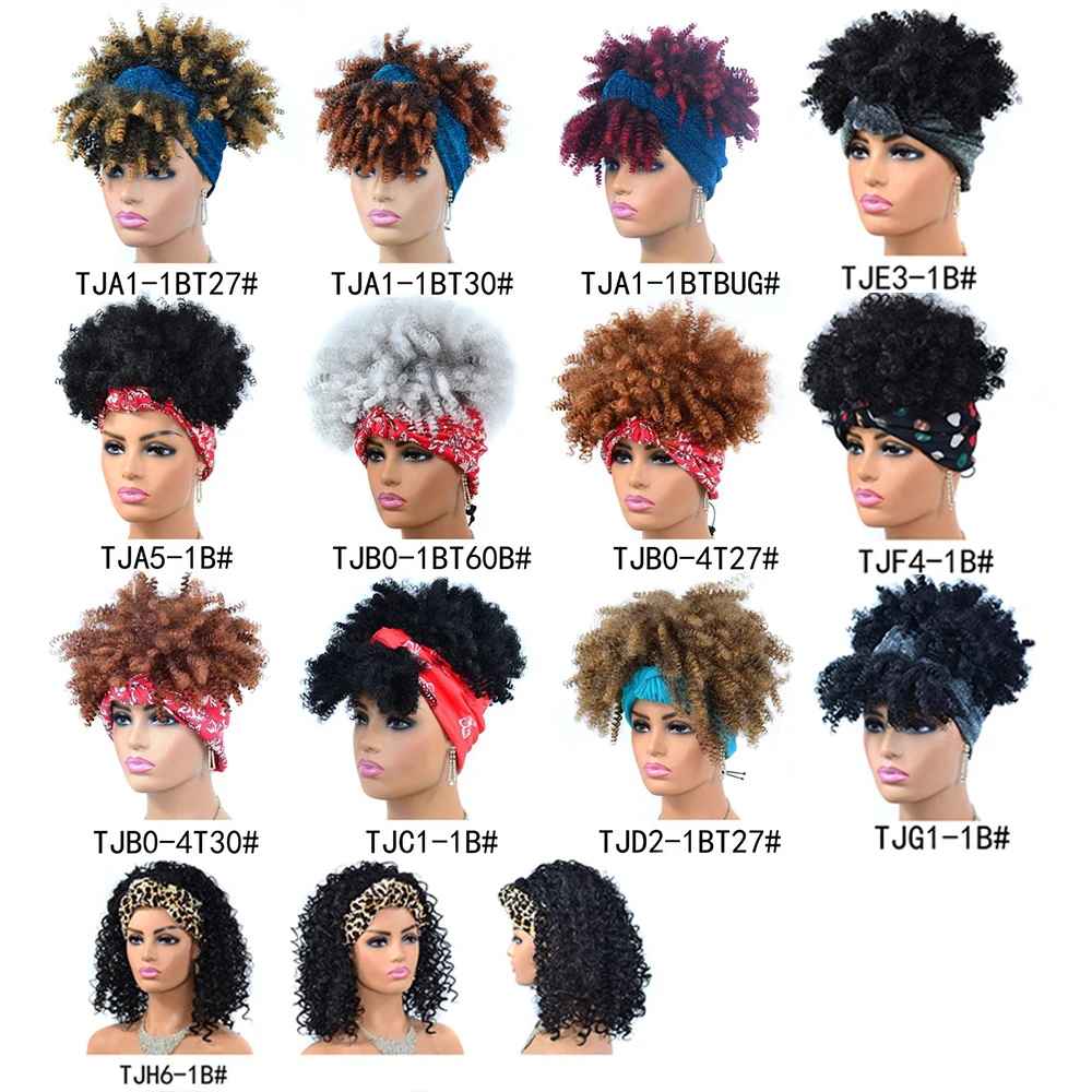 

Wholesale Blonde Short Fluffy Kinky Curly Turban Wig Heat Resistant Ombre Afro Headband Wigs Synthetic Hair Wig For Black Women