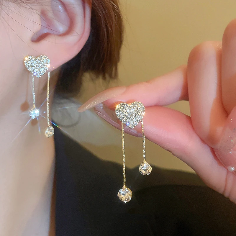 

Gold Plated Minimalist Shiny Round Zircon Drop Earrings Silver Pin Diamond Tassel Heart Earrings Orecchini A Cuore