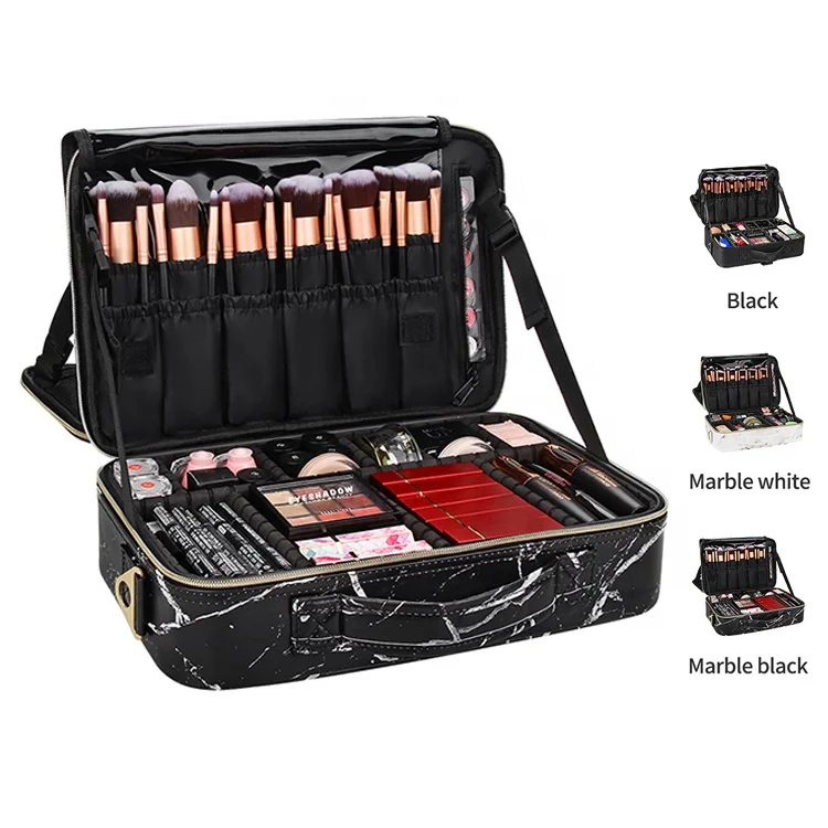 

Dropshipping Relavel Hot Sale Professional 3 Layers Portable Marble Black Makeup Artist Train Case Cosmetic Bag