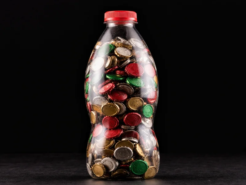 Plastic bottle filled with bottle caps for percussion instrument