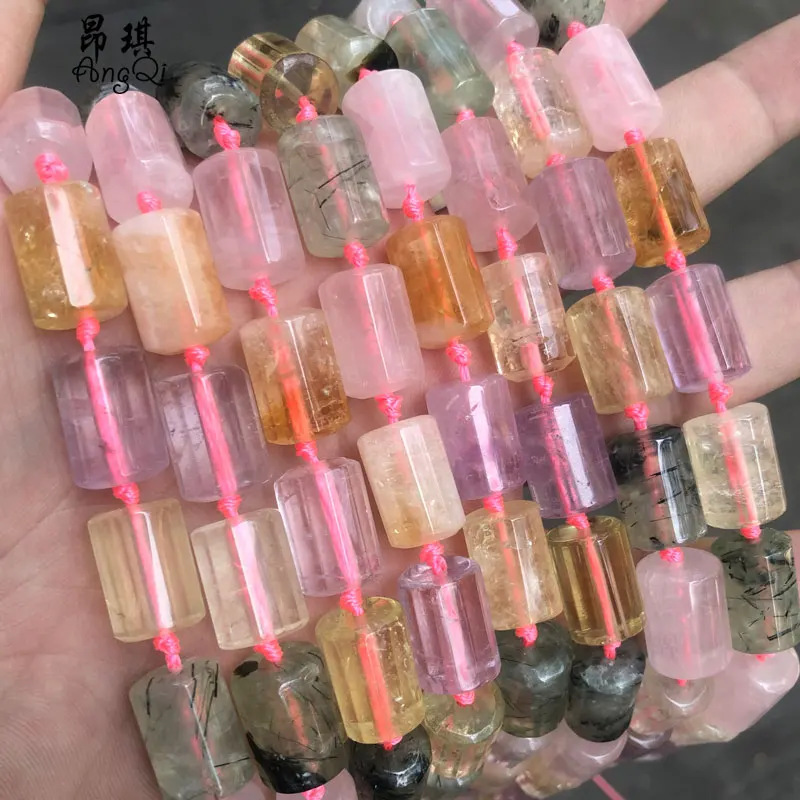 

Faceted Cylinder Tube Shape Natural Super Seven Crystal Beads Wholesale Crystals Healing Stones Jewelry, Multi color as picture