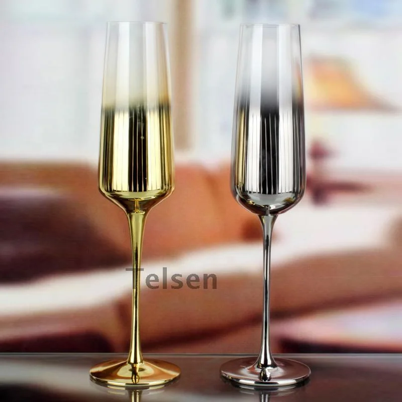 

Telsen Set Of 2 Customize Gold Silver Plating Wedding Luxury Elegant Champagne Flutes Wine Glasses, Gold and crystal