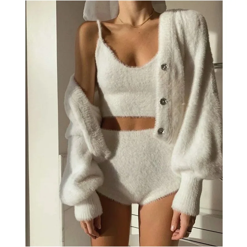 

V-neck high waist shorts button cardigan jacket Fluffy Open Mohair Fur Cardigan Tops Short Sets Women 3pcs Outfits Clothing Set