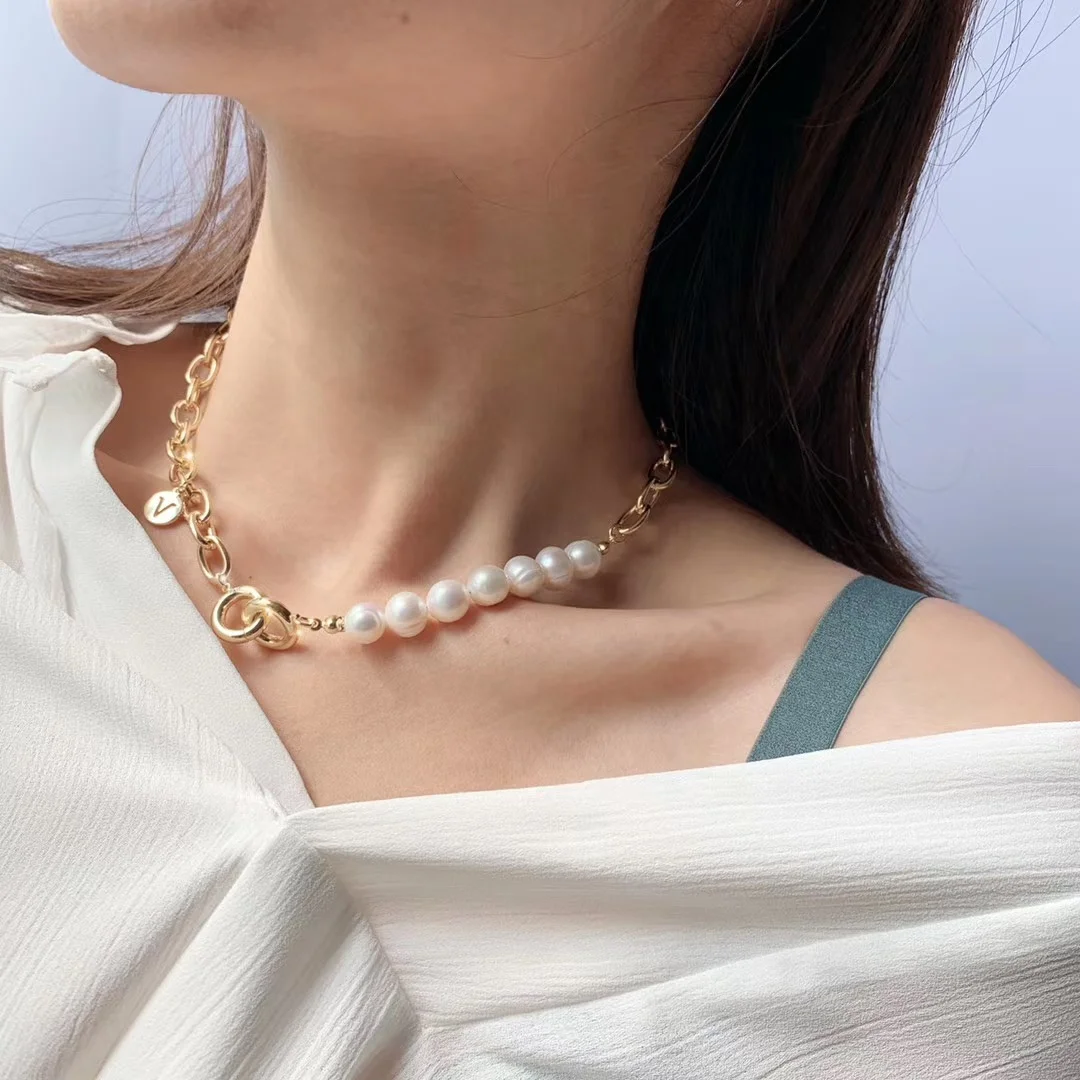 

QIANZUYIN Custom Fashion New 18K Gold-plated Stainless Steel Men And Women Neckchain Natural Freshwater Pearl Necklace, Gold color/rose gold/silver color