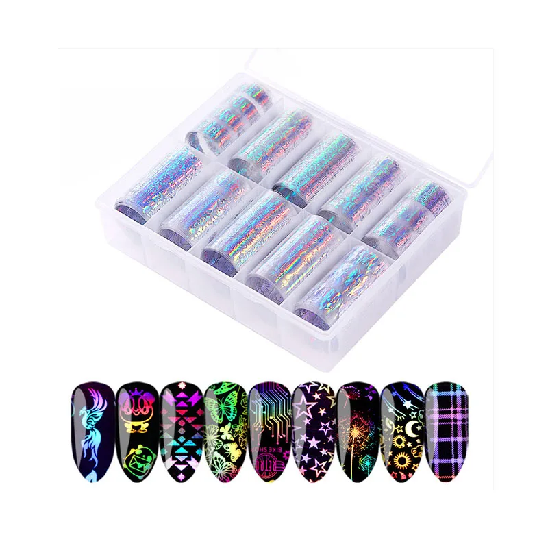 

10Roll Holographic Nail Foil Flame Gearwheel Panda Butterfly Laser Nail Transfer Stickers Aurora Nail Art Foils Decal Decoration