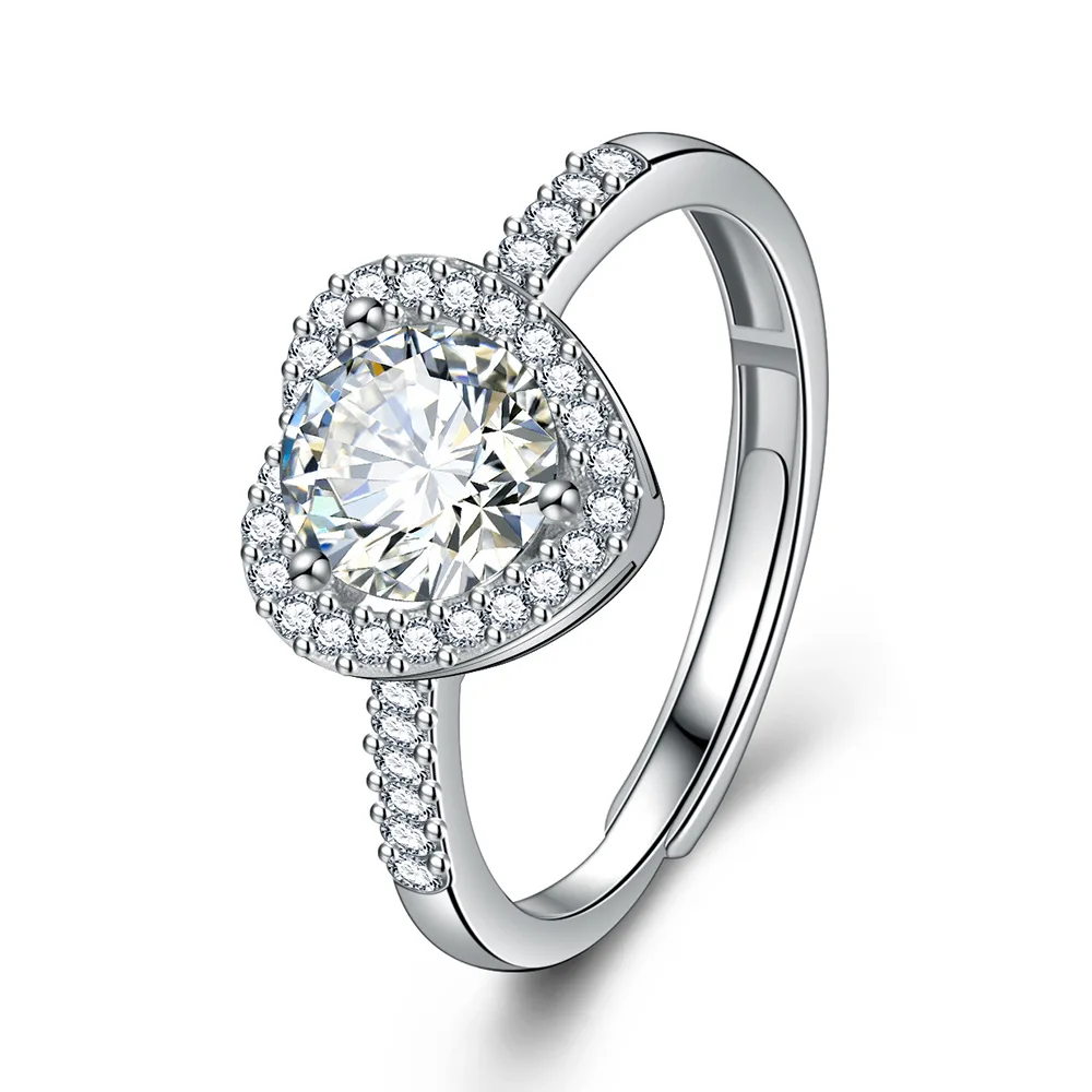 

Wholesale ring men's and women's heart-shaped hollow ring one carat Mossan stone love ring