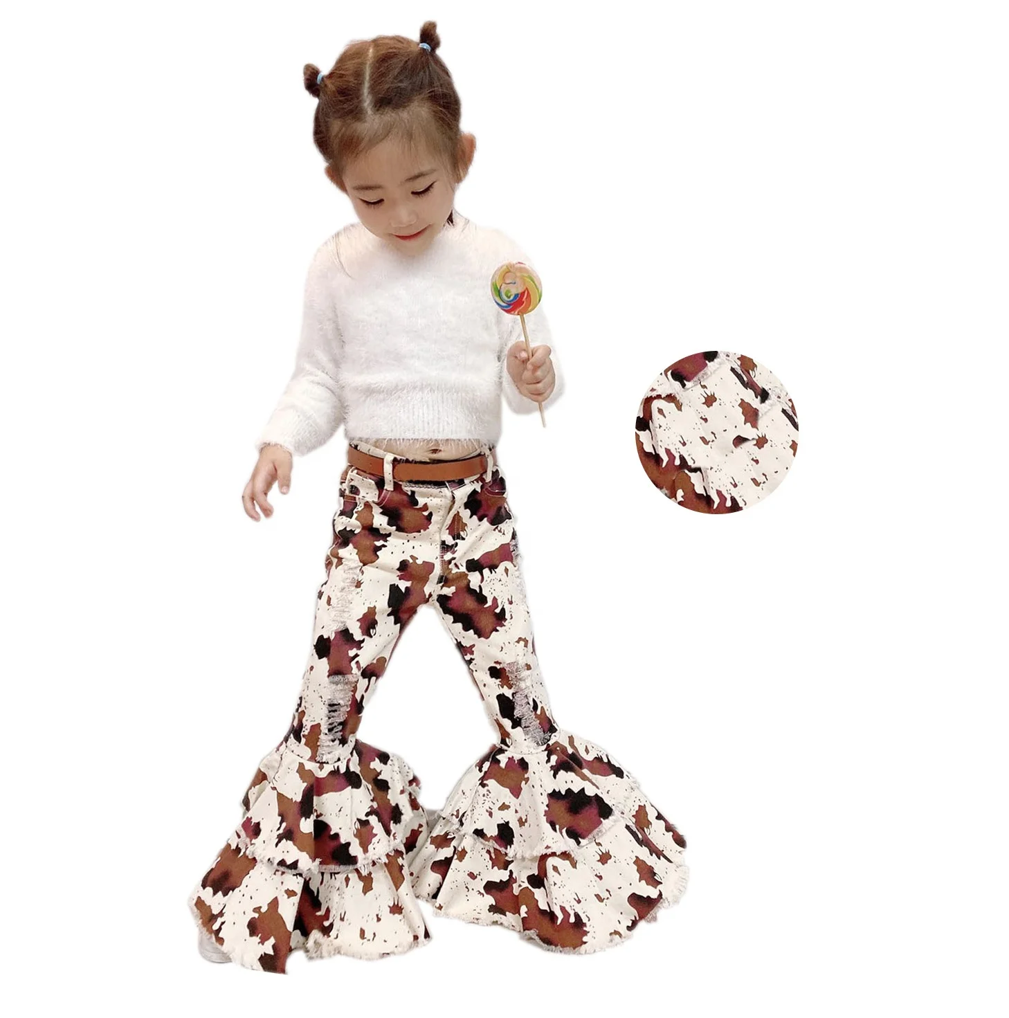 

RTS Double Ruffles Cowhide Print Distressed Jeans For Kids