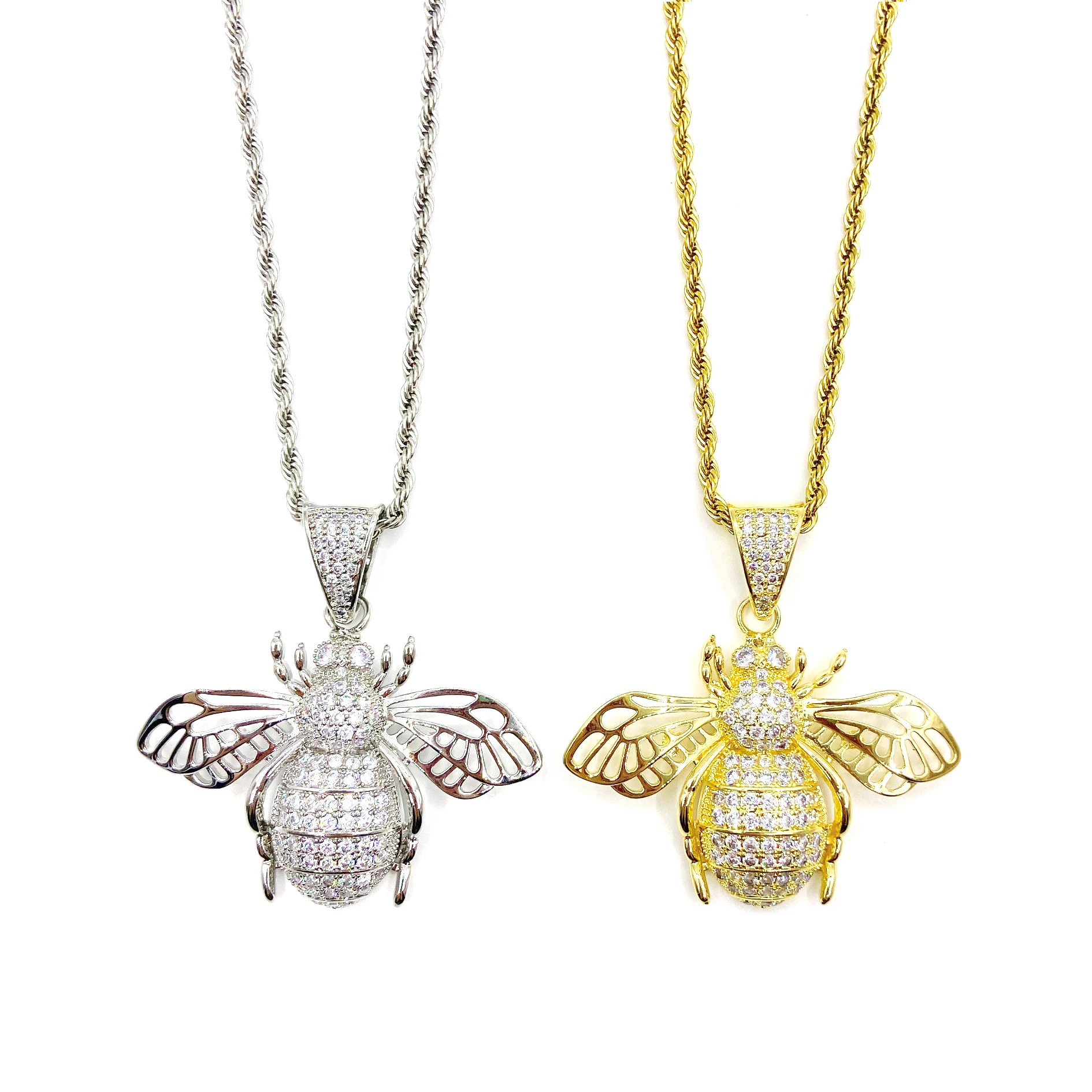 

Fashion Iced Out Diamond Women Men 10k Gold Plated Hip Hop Small Bee Pendants Charm Necklace, Gold/silver