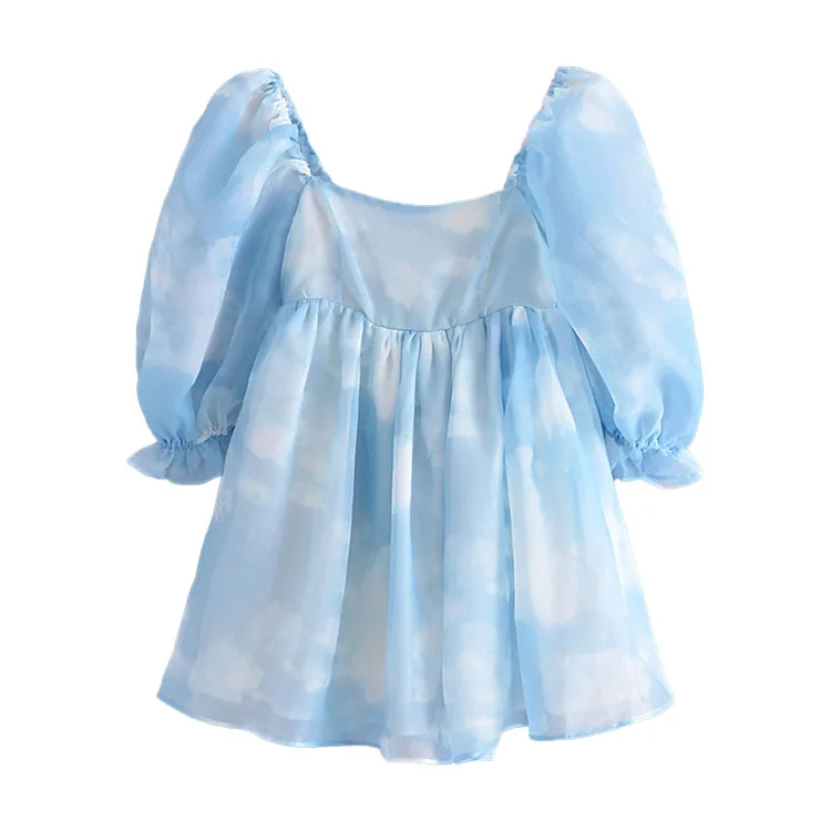 

BMURHMZA2021 summer new women's dress: halo dye sky cloud style puff sleeve high waist fluffy baby collar dress, Picture color