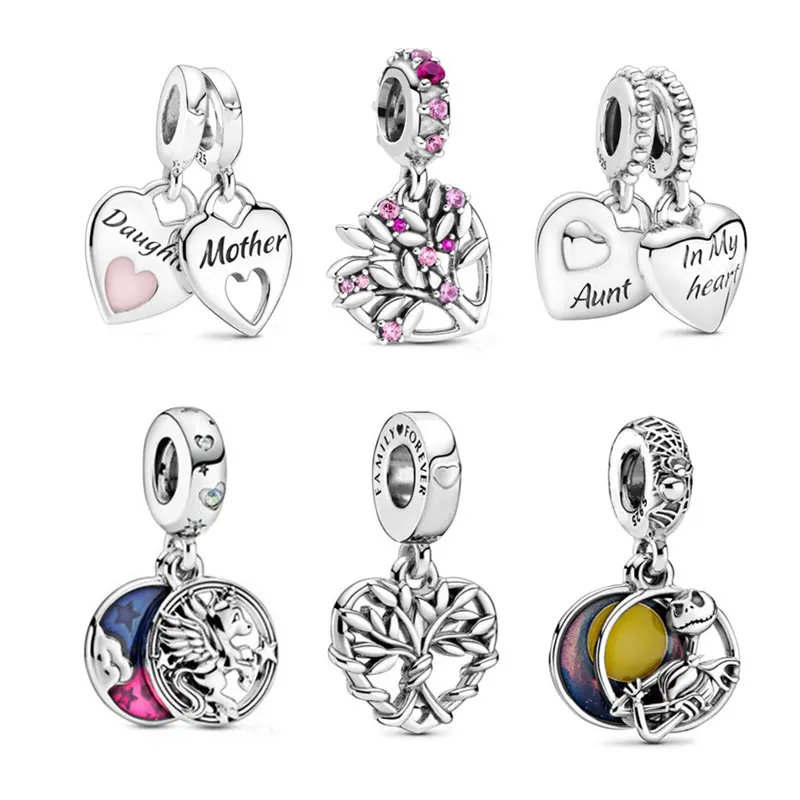 

100% 925 Silver Family Tree Unicorns Nightmare Before Christmas Pendants Evil Charm Eye Heart Sun Stars Moon Openwork Charms, Silver/gold/rose/pink