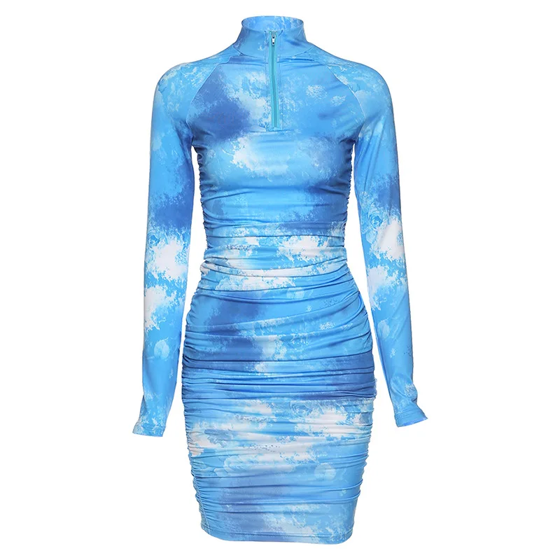

2020 Tie Dye Casual High Neck With Zipper Front Long Sleeve Fashion Bodycon Sexy Club Dress