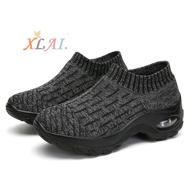 

XLAI Ladies Casual Walking Sneakers Thick-Soled Flying Woven Air Cushion Loafers Single Shoes Jogging For Women, 4 colors