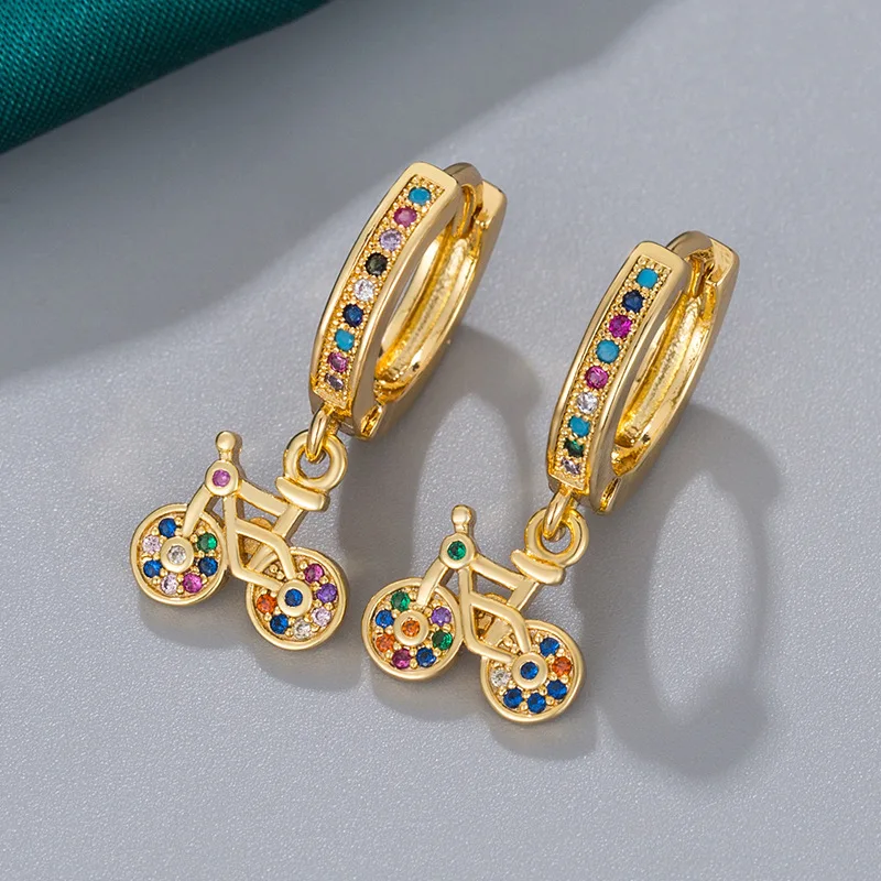 

New Arrival Ins Colorful Zirconia Bike Clip On Earrings Real Gold Plated CZ Bicycle Pendant Earrings For Elegant Lady