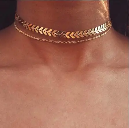 

2019 New Chain Choker Two Layers Necklaces Fishbone Airplane Shape Gold Color Necklace Flat Chain jewelry, Silver