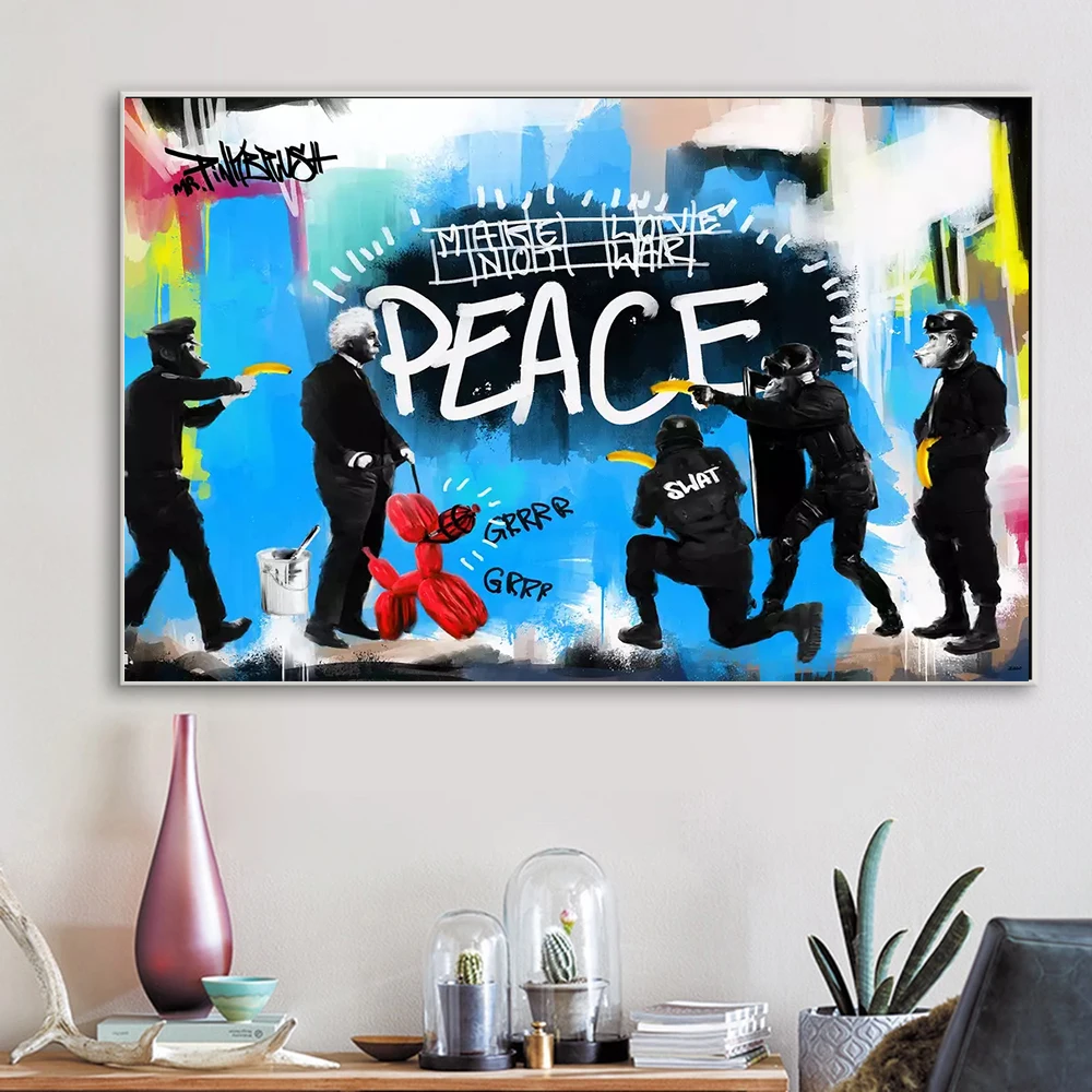 

Graffiti Einstein and the Police PEACE Canvas Painting Posters and Prints Wall Art Modern Pictures For Room Home Decoration