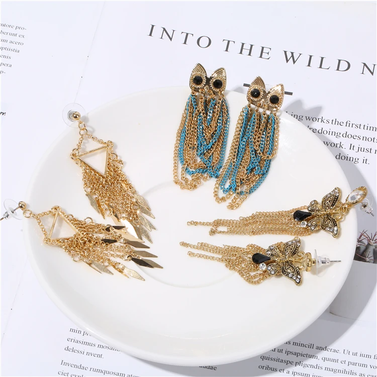 

New Ethnic Style Delicate Boho Owl Dangle Bohemian Animal Long Chain Owl tassel earrings, Platinum