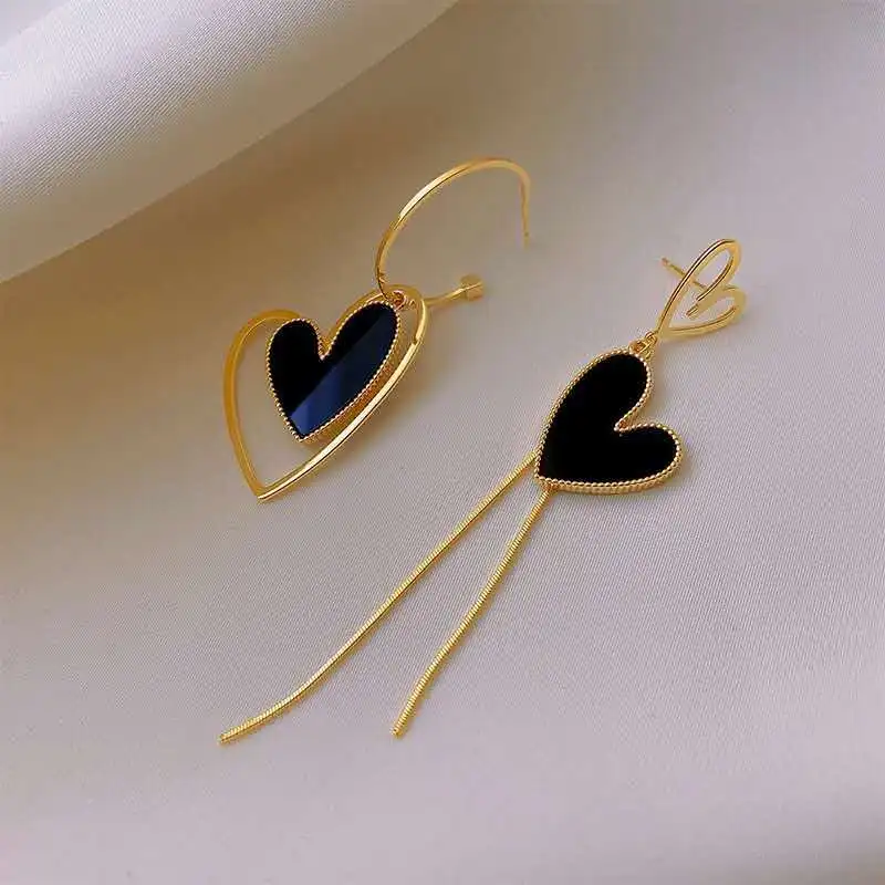 

Asymmetric Earrings Black Classic Heart Earring Solid Black Heart Long Chain Tassel Earrings