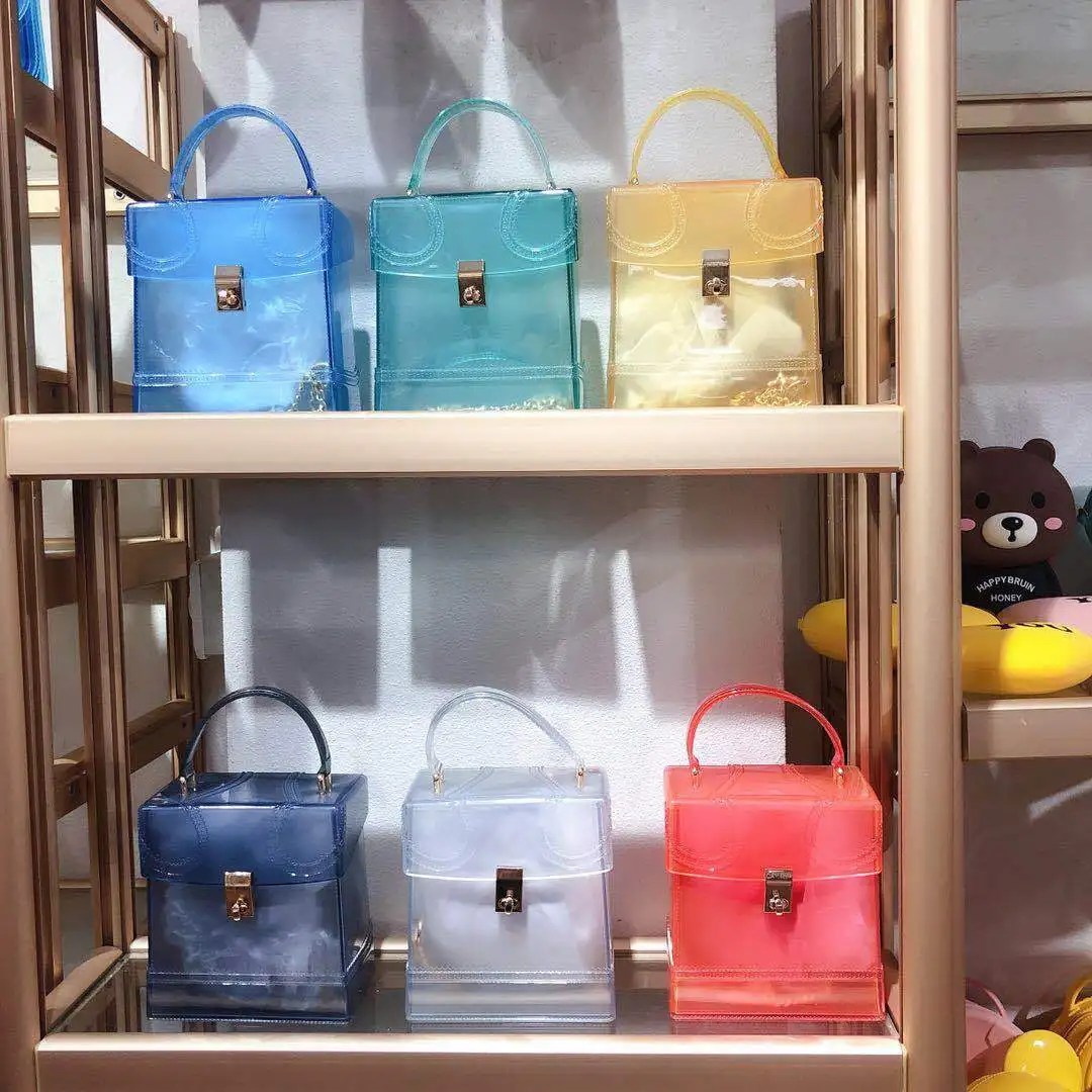 

Fashion mini clear candy color crossbody jelly square purse pvc bags transparent bag handbag, 6 colors