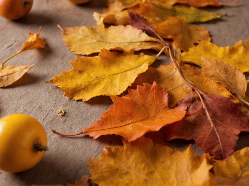 Close-up of preserved fall leaves on worktable