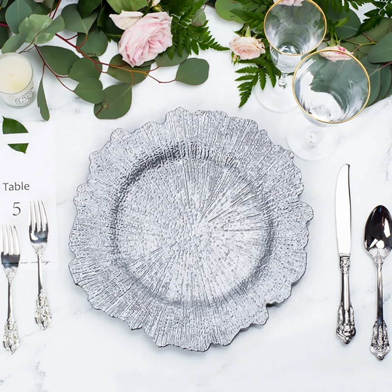 

cheap embossed silver custom charger plates wedding decoration serving black shiny gold rim 13 inch plastic party charger plate, Gold/rose gold/silver